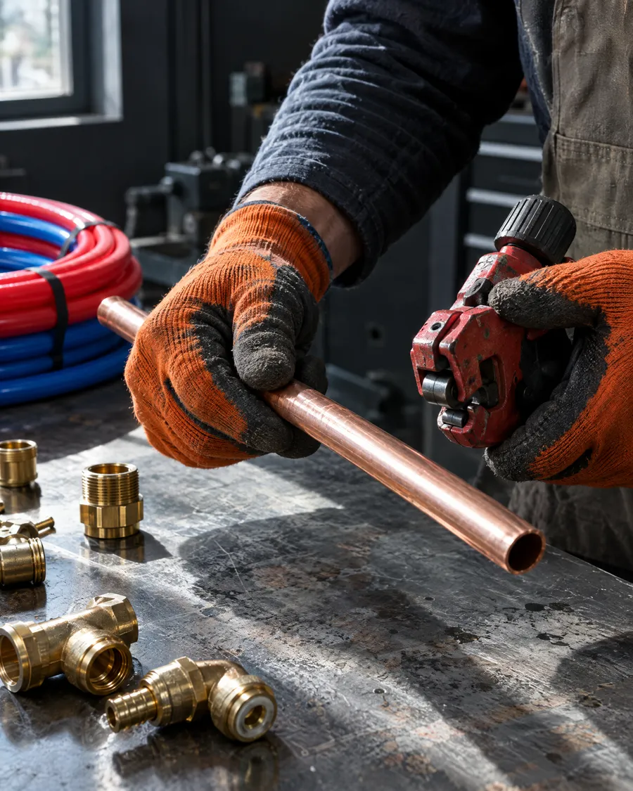 A technician in orange work gloves measuring copper pipe on a steel workbench